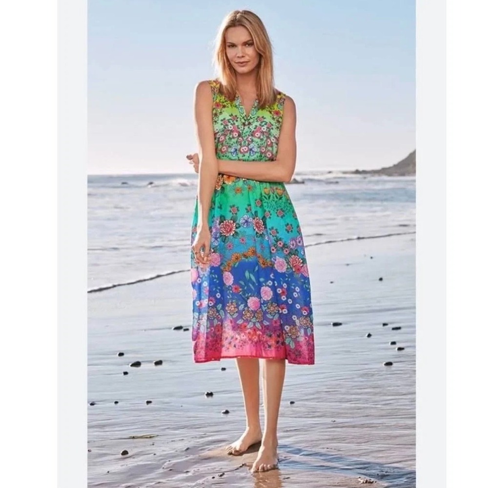 Johnny Was Rainbow Field Ruffle Tank Dress Floral Ombre Cotton Sleeveless Large